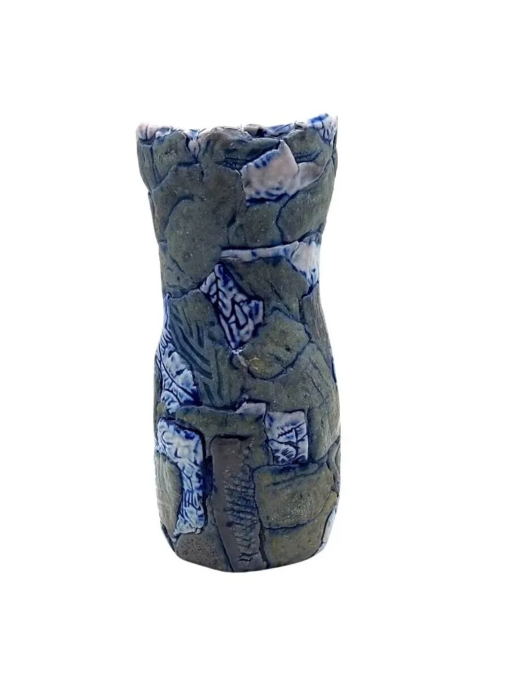 Patchwork Folk Art Pottery Vase Hand Thrown Textured Stoneware Vintage Rustic